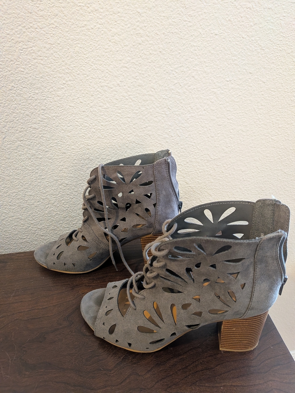 Rampage Gray Cutout Lace-Up Block Heel Booties